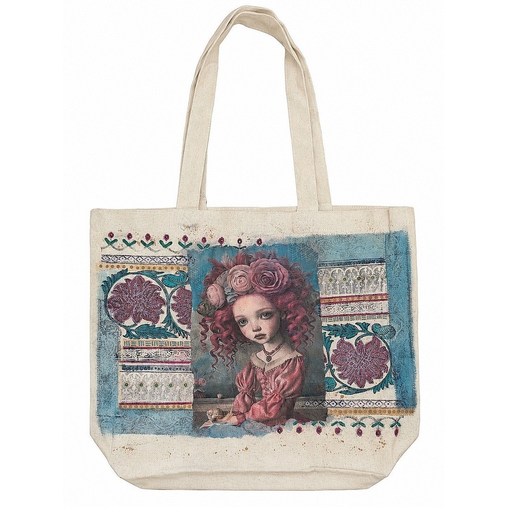 Decoupage Canvas Tote Bag Pink Hair Girl Floral Rose Portrait Boho Art